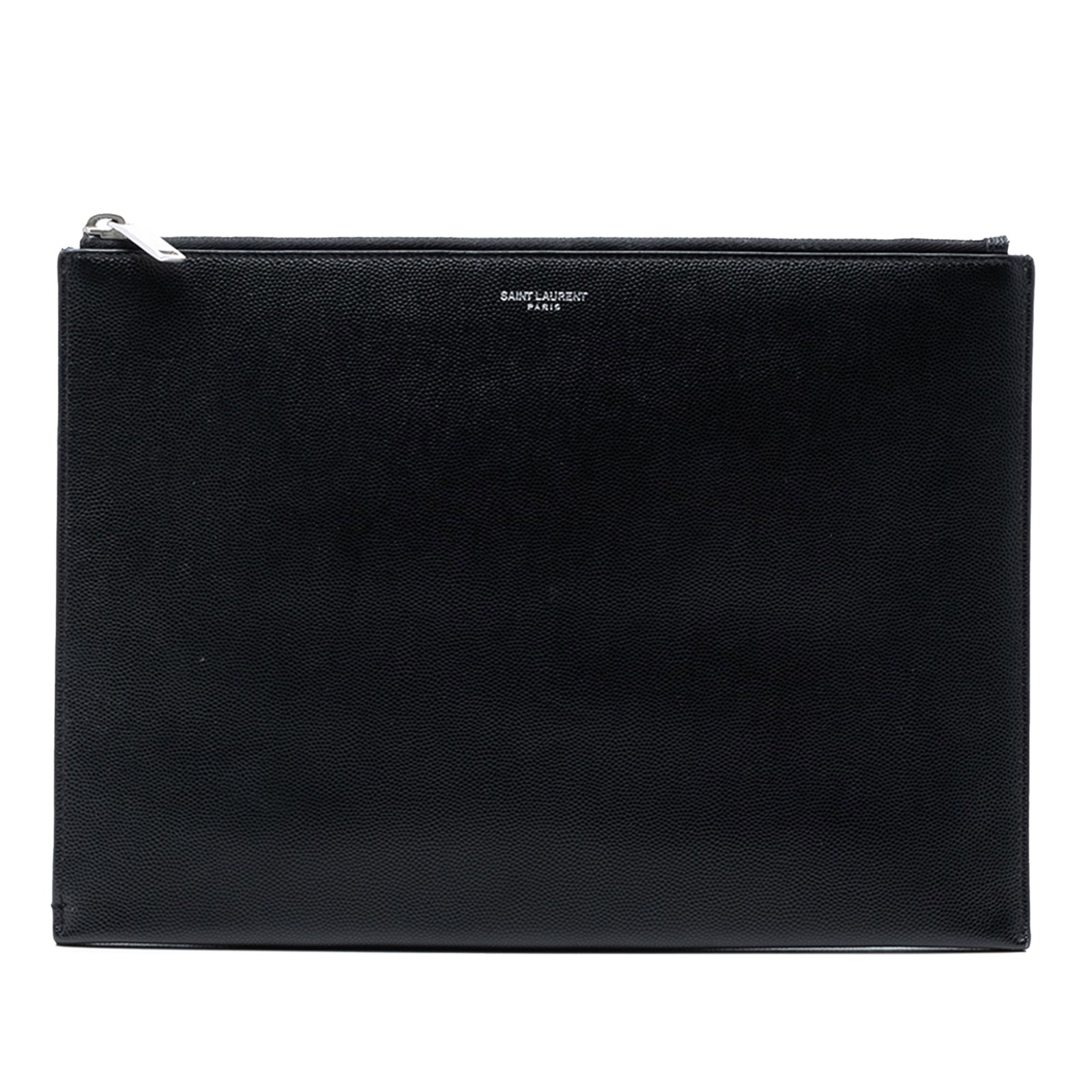 Saint Laurent black leather zip clutch with slip pockets: Saint Laurent black leather zip clutch with slip pockets This Saint Laurent Grained Leather Zip Clutch is crafted from black leather and features a sleek design with a top zip closure. The interior in