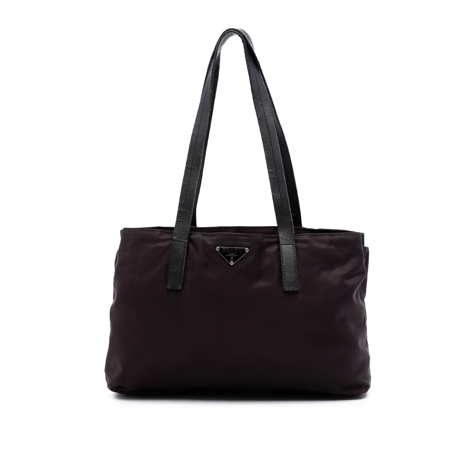 Prada Tessuto Purple Nylon Tote Bag with Leather Handles: Prada Tessuto Purple Nylon Tote Bag with Leather Handles Prada Tessuto Tote in purple, made in Italy. This tote bag features a nylon body with flat leather handles, an open top, interior zip and slip 