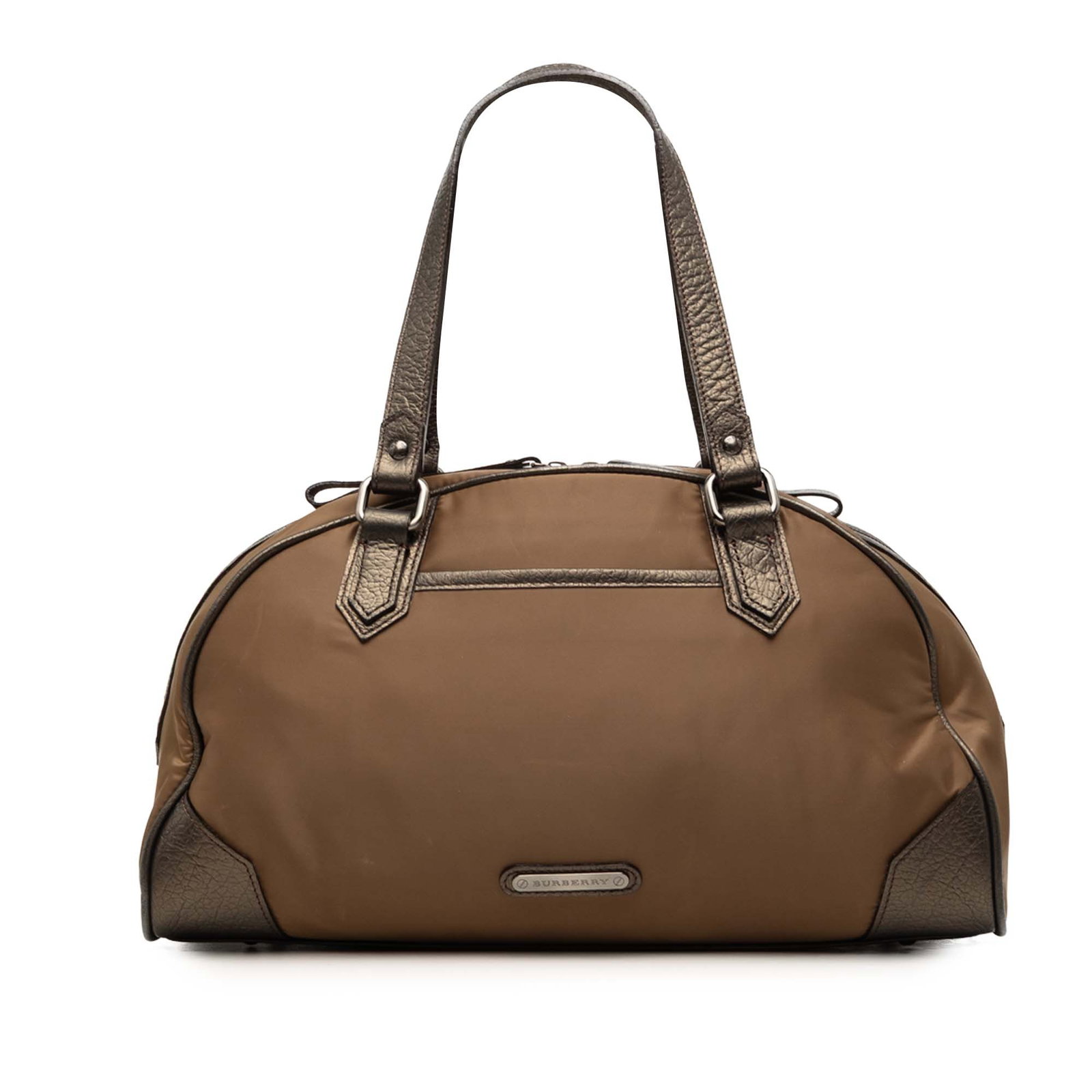 Burberry Nylon Handbag Brown Fabric with Leather Trim: Burberry Nylon Handbag Brown Fabric with Leather Trim Burberry nylon handbag with leather trim, flat leather handles, a top zip closure, and an interior zip pocket. It is brown and made from fabric, w