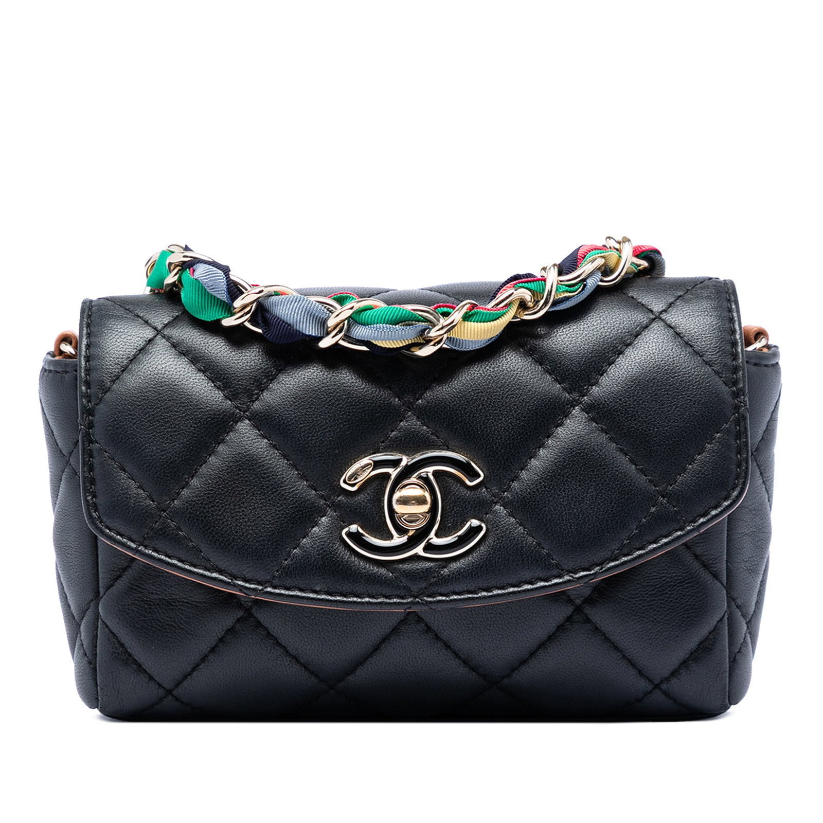 Chanel Cocovado Mini Flap Bag Quilted Lambskin Black: Chanel Cocovado Mini Flap Bag Quilted Lambskin Black Chanel Mini Quilted Lambskin Cocovado Ribbon Chain Flap bag in black leather, made in Italy. It features a quilted lambskin body, ribbon-woven chai