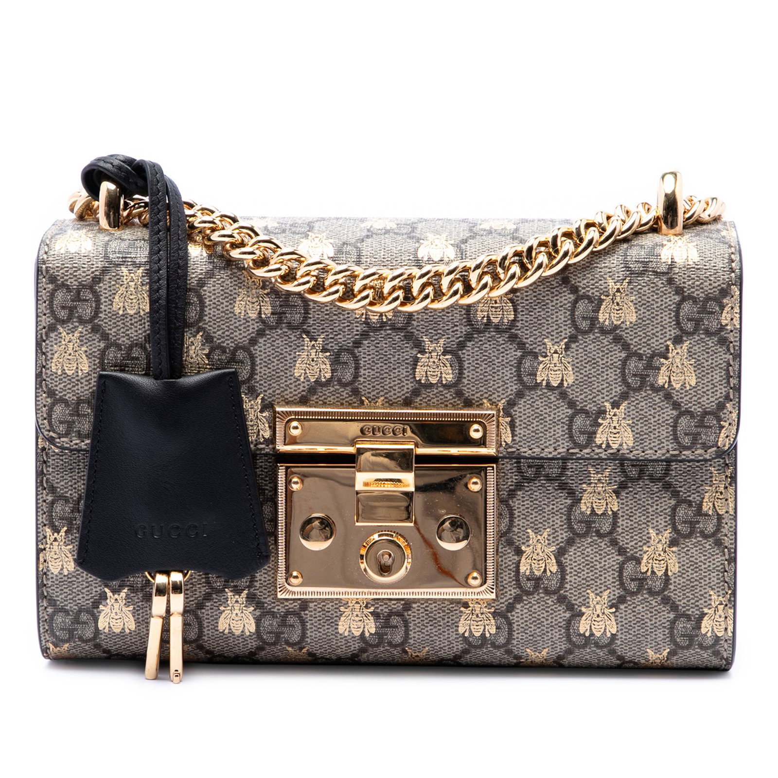 Gucci Padlock Bee Small GG Supreme Crossbody Bag: Gucci Padlock Bee Small GG Supreme Crossbody Bag Gucci Small GG Supreme Bee Padlock Crossbody in beige coated canvas with leather trim. This crossbody bag features gold-tone chain link straps, a front