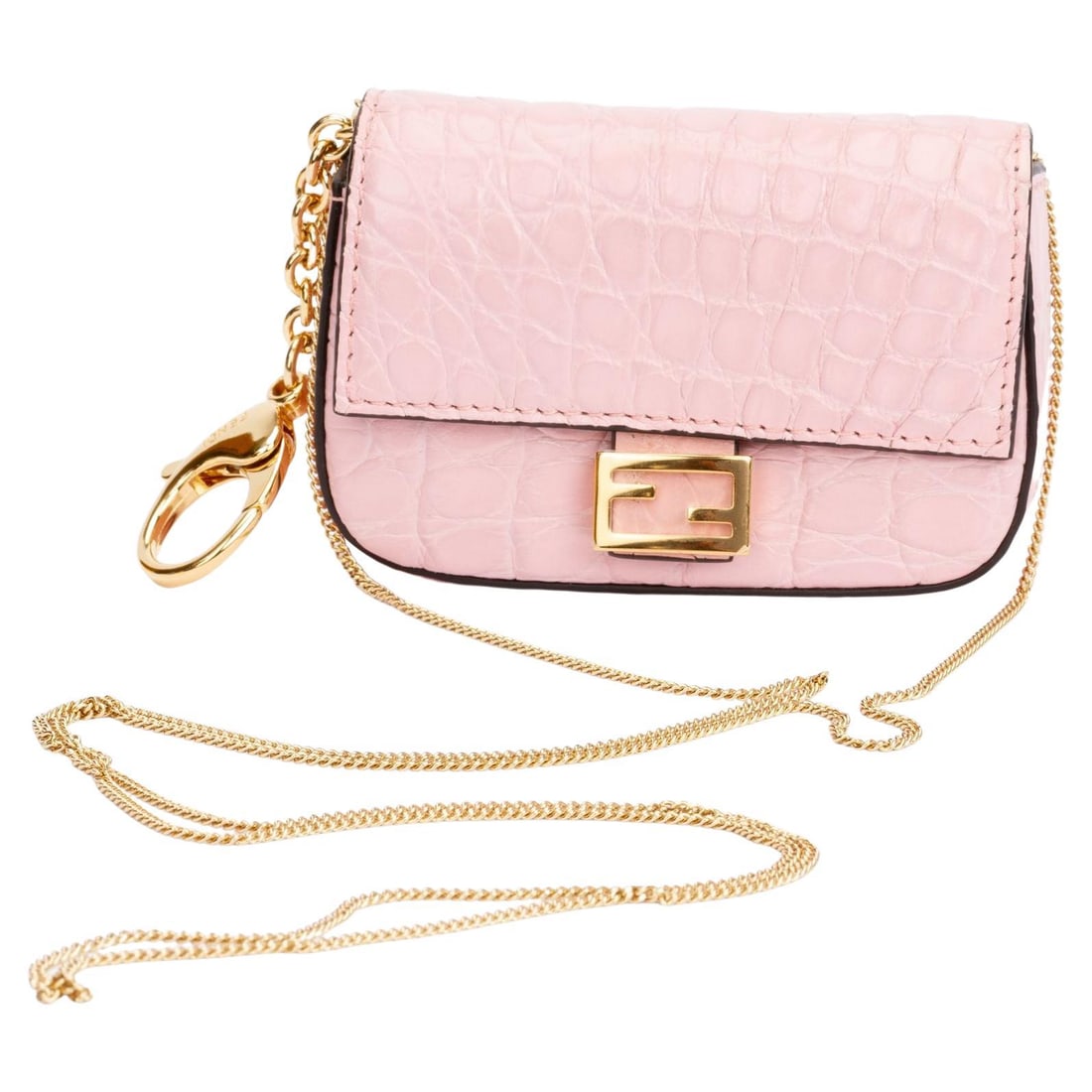 Fendi Nano Baguette Charm Pink Crocodile Leather Italy: Fendi Nano Baguette Charm Pink Crocodile Leather Italy Elevate your accessory game with this exquisite Fendi Nano Baguette Charm in a stunning pink hue. Crafted from luxurious lamb leather, this charm