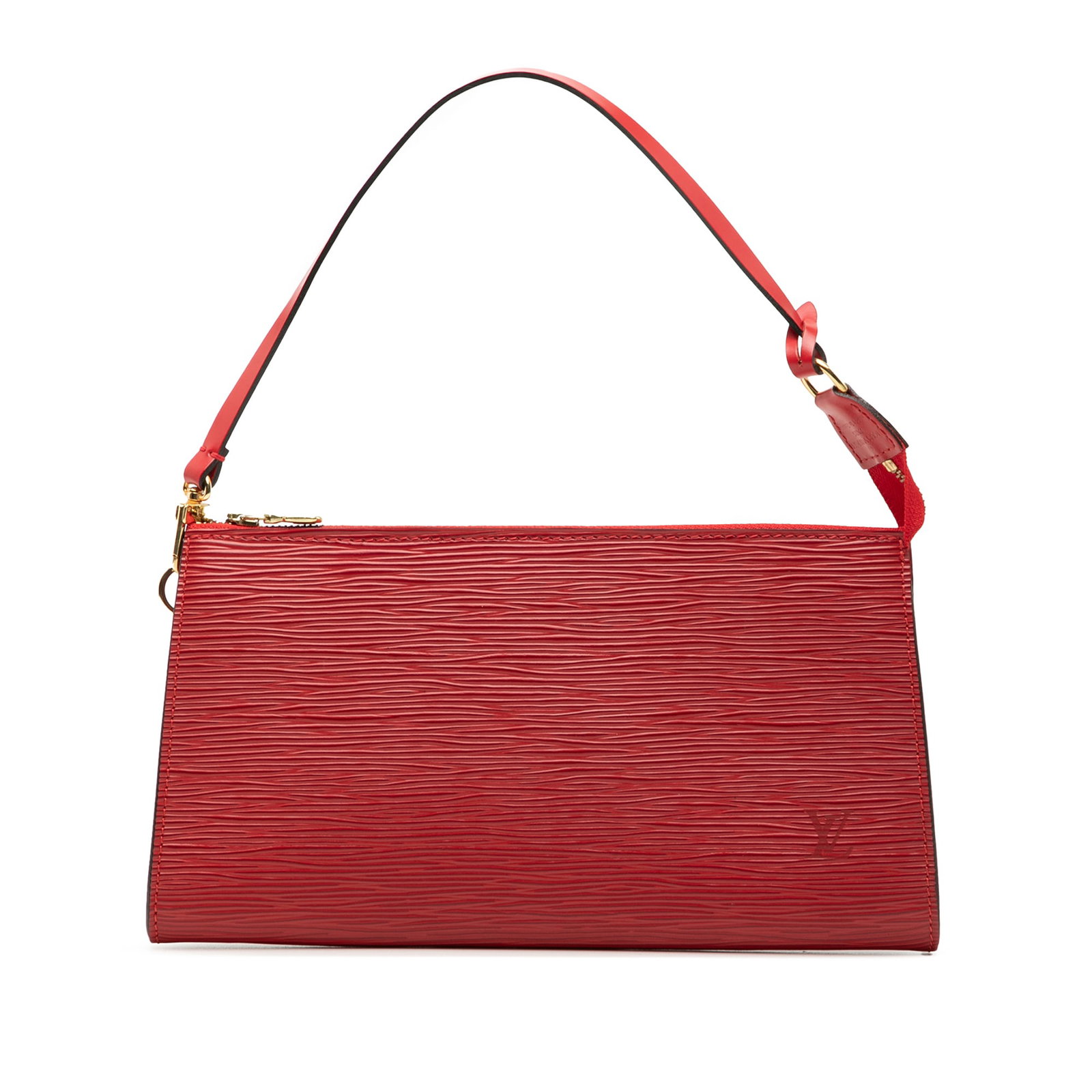 Louis Vuitton Epi red leather Pochette Accessoires bag: Louis Vuitton Epi red leather Pochette Accessoires bag This Louis Vuitton Epi Pochette Accessoires features a distinctive epi leather body in red, complemented by a flat leather shoulder strap and a t