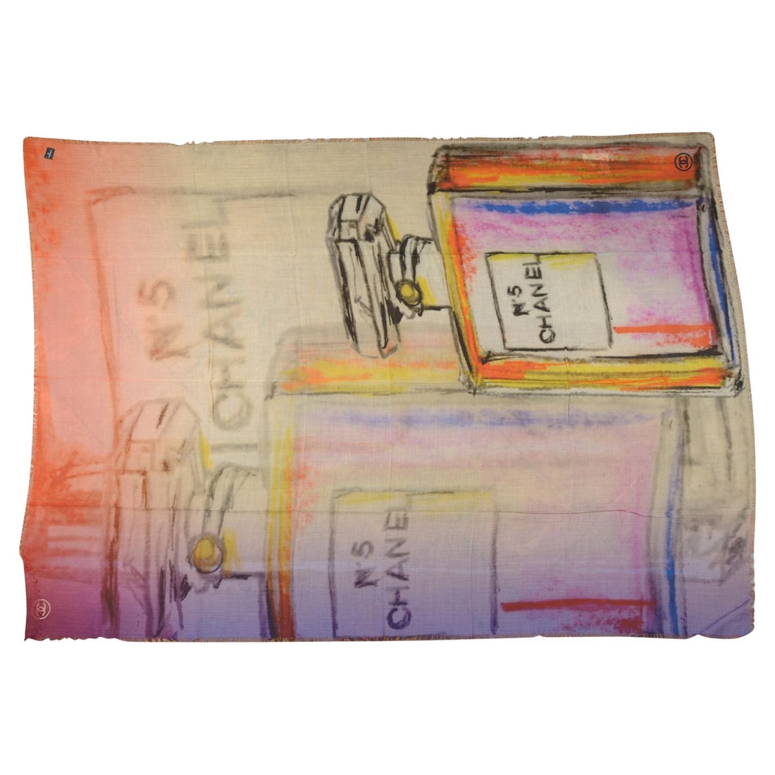 Chanel Cashmere Scarf with Artistic No 5 Perfume Bottle Design: Chanel Cashmere Scarf with Artistic No 5 Perfume Bottle Design This Chanel scarf is crafted from 100% cashmere and features an artistic design with hand-painted renderings of the iconic No. 5 perfume 