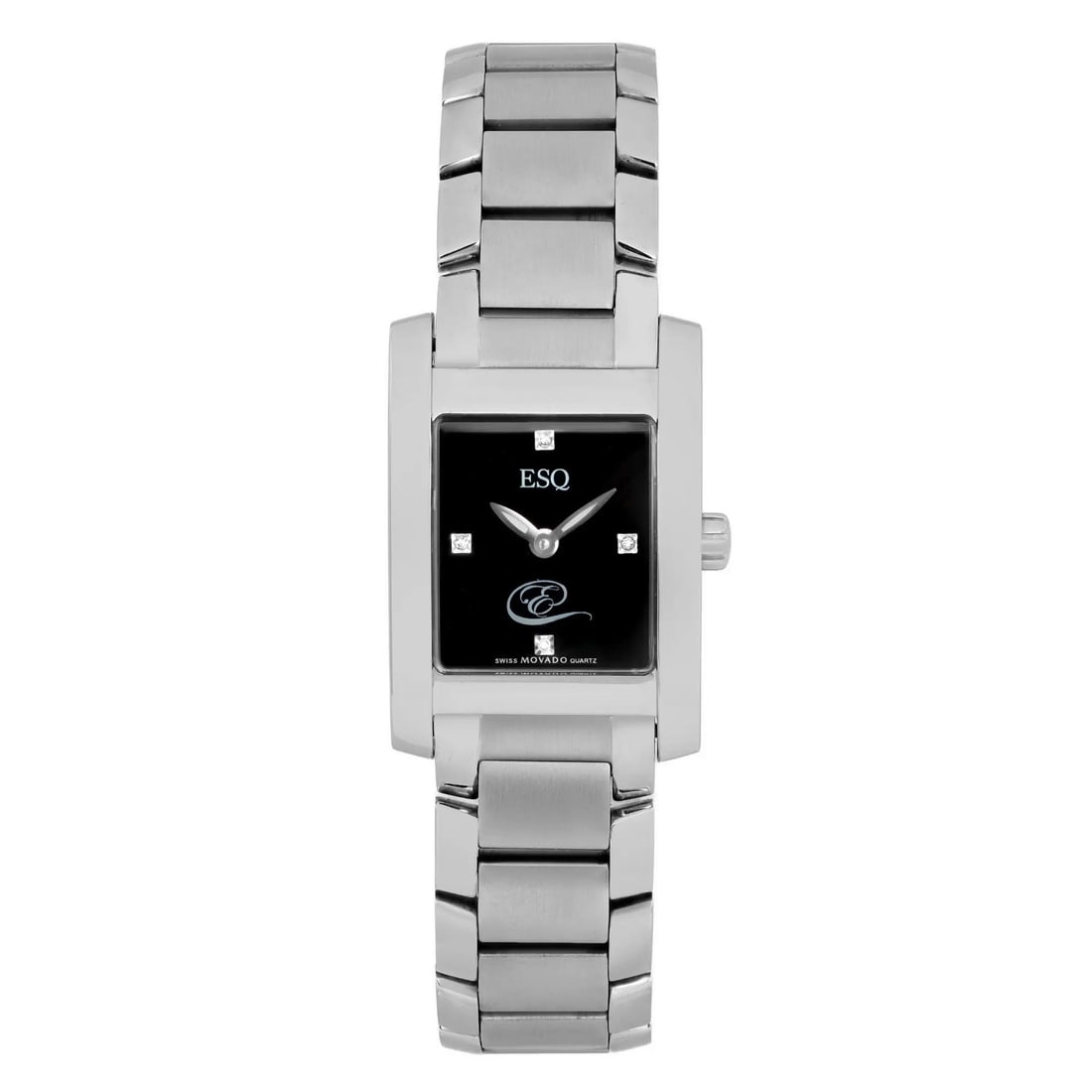 ESQ Movado Ladies 21mm Quartz Dress Watch Black Dial Stainless Steel Bracelet: ESQ Movado Ladies 21mm Quartz Dress Watch Black Dial Stainless Steel Bracelet This elegant ESQ Movado wristwatch is designed for ladies, featuring a sleek black dial with an analog display and no hour