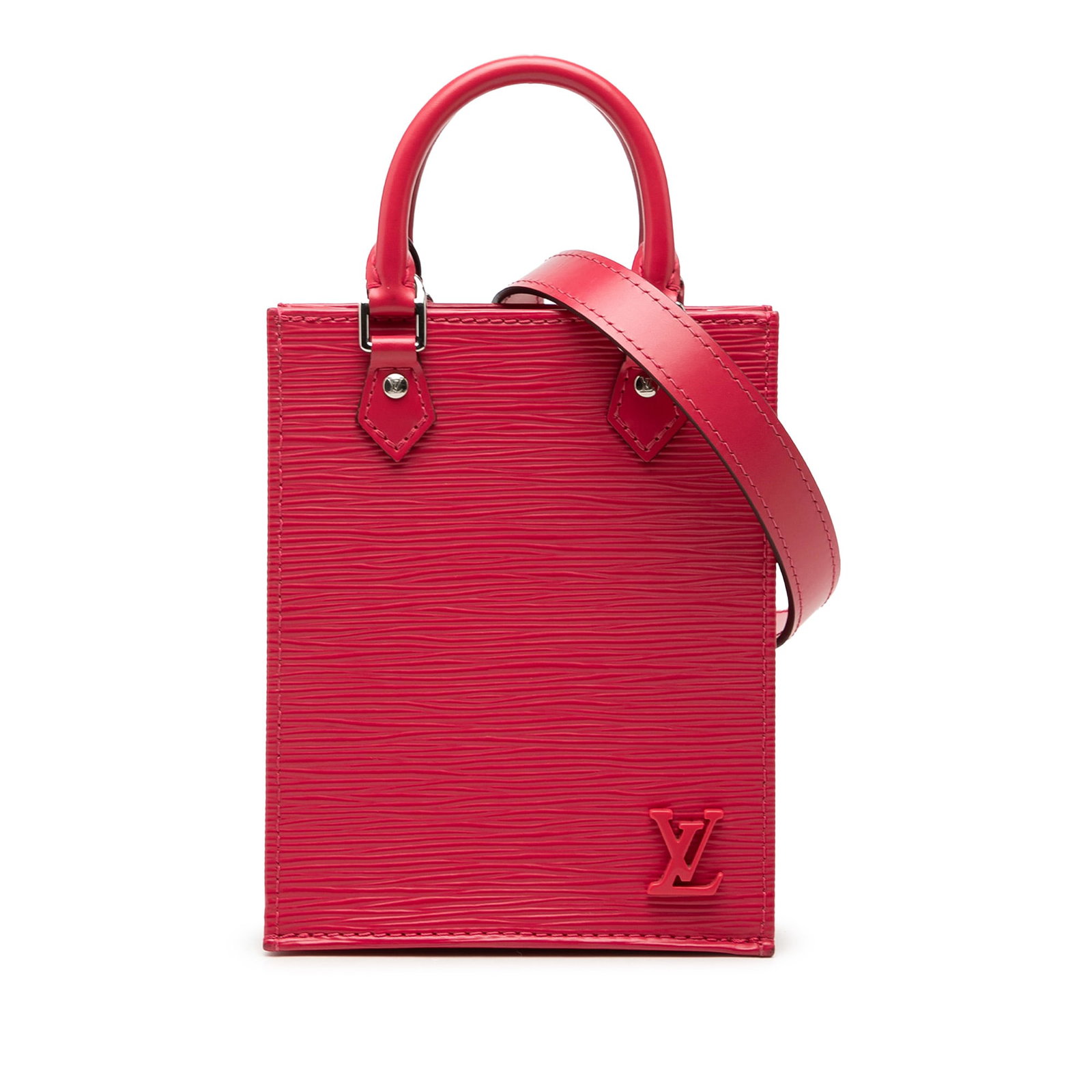 Louis Vuitton Petit Sac Plat Epi Leather Pink Handbag: Louis Vuitton Petit Sac Plat Epi Leather Pink Handbag Louis Vuitton Epi Petit Sac Plat in pink leather with rolled leather handles, a detachable flat strap, an open top, and an interior slip pocket. M