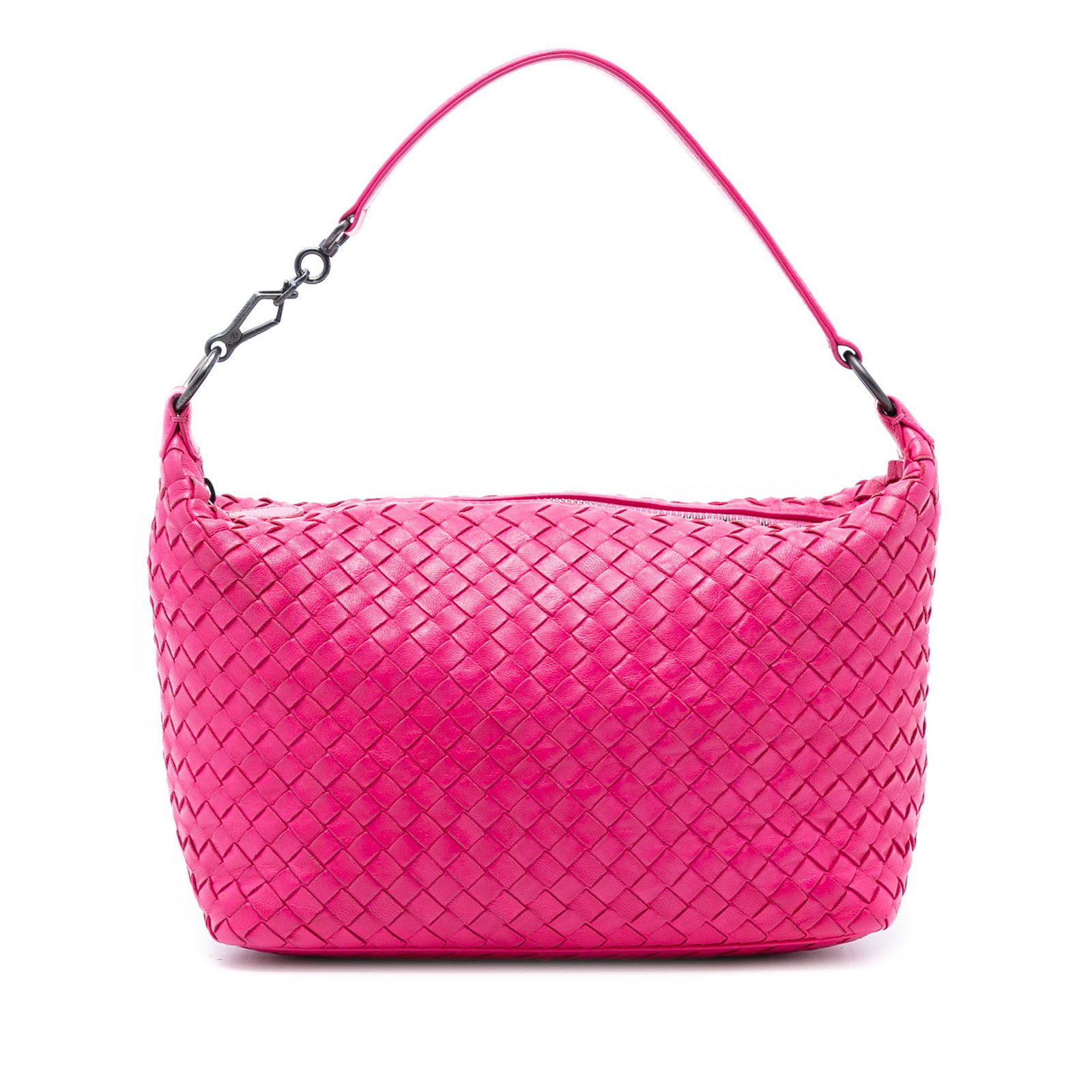 Pink Leather Intrecciato Small Shoulder Bag by Bottega Veneta: Pink Leather Intrecciato Small Shoulder Bag by Bottega Veneta This Bottega Veneta Small Nappa Intrecciato Shoulder Bag showcases the brand's signature woven leather design in pink, featuring a flat sh