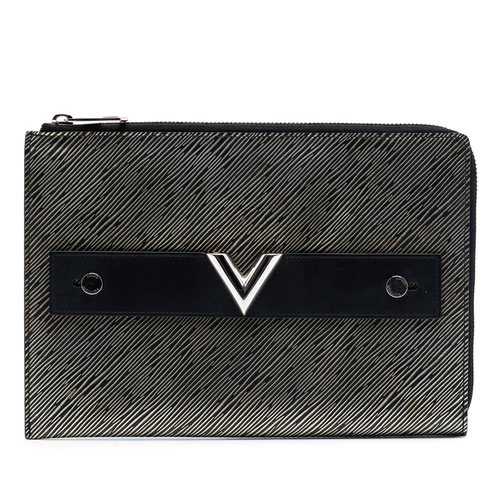 Louis Vuitton Epi leather silver pochette clutch: Louis Vuitton Epi leather silver pochette clutch This Louis Vuitton Epi Essential V Pochette is a clutch bag crafted from epi leather in a silver color. It features a top zip closure and displays sign