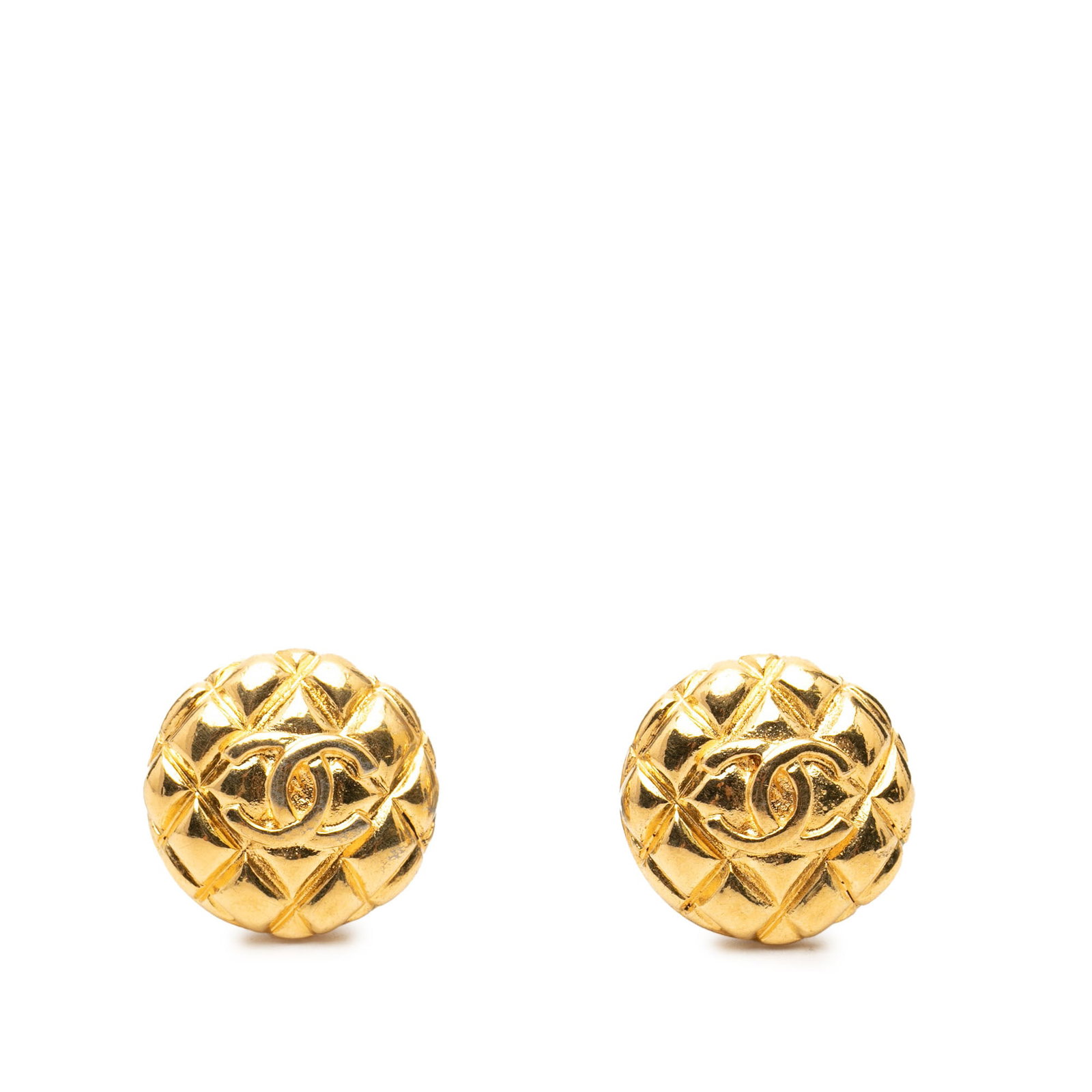 Chanel CC Quilted Gold Plated Clip Earrings: Chanel CC Quilted Gold Plated Clip Earrings These Chanel CC Quilted clip-on earrings feature a gold-plated metal body with the iconic quilted design. Made in France, these costume earrings are designe