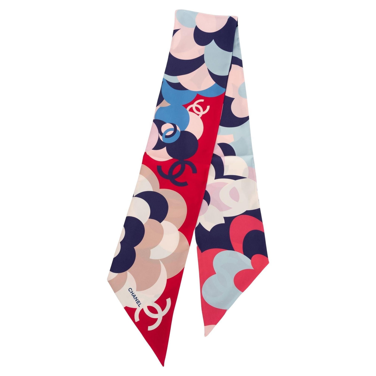 Chanel Floral Silk Maxi Twilly Scarf with Multicolor CC Logo Print: Chanel Floral Silk Maxi Twilly Scarf with Multicolor CC Logo Print This Chanel Floral CC Maxi Twilly features a multicolored logo and floral print in shades of baby pink, baby blue, navy, creme, taupe