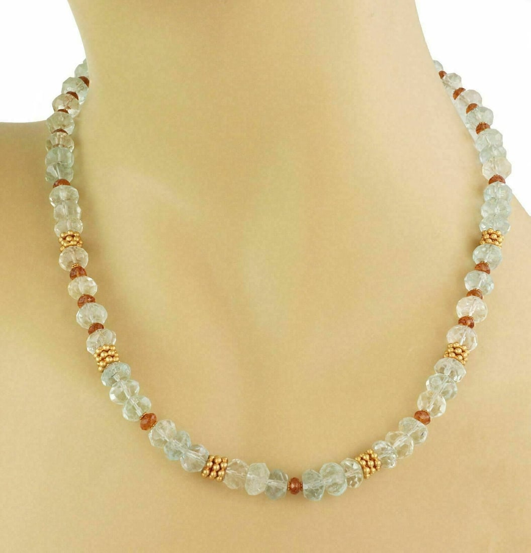 Vintage 18k Gold Bead Necklace with Faceted Aquamarine and Citrine: Vintage 18k Gold Bead Necklace with Faceted Aquamarine and Citrine A vintage/estate gemstone bead necklace crafted in 18k yellow gold and featuring faceted aquamarine and citrine beads. The necklace h