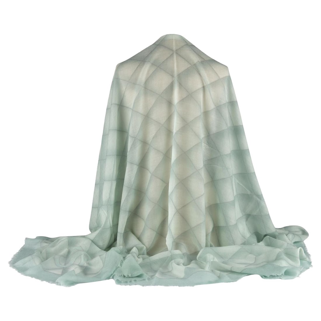 Chanel Diamond Print Cashmere Shawl Water Green 70 x 52 Italy: Chanel Diamond Print Cashmere Shawl Water Green 70 x 52 Italy Elevate your style with this exquisite Chanel Diamond Print Cashmere Shawl. Crafted in Italy, this luxurious shawl features a stunning wat