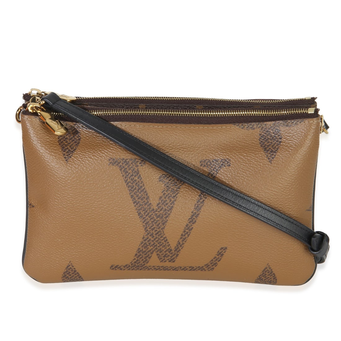 Louis Vuitton Double Zip Pochette Reverse Monogram Canvas Shoulder Bag: Louis Vuitton Double Zip Pochette Reverse Monogram Canvas Shoulder Bag This Louis Vuitton Reverse Monogram Giant Canvas Double Zip Pochette is a pre-owned shoulder bag crafted from brown canvas with g