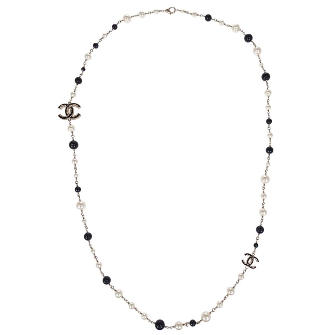 Chanel CC Gold Plated Chain Necklace with Black and Faux Pearl Accents: Chanel CC Gold Plated Chain Necklace with Black and Faux Pearl Accents Chanel long chain necklace with a gold-plated chain and artificial pearl accents in gold, white, and black. The piece is describe