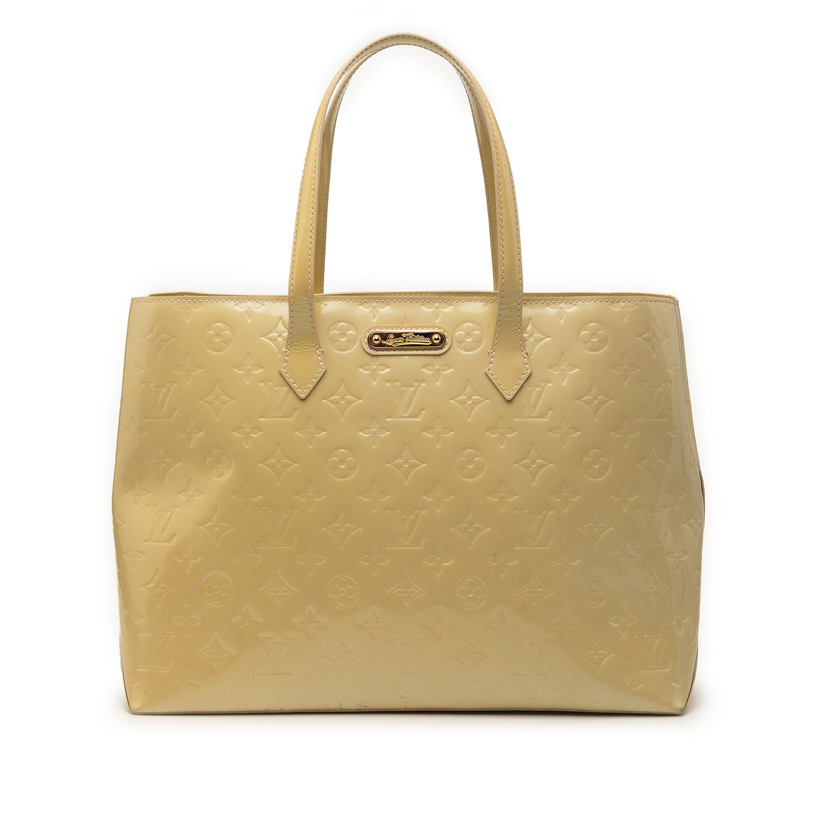 Louis Vuitton Wilshire MM Monogram Vernis Yellow Tote Bag: Louis Vuitton Wilshire MM Monogram Vernis Yellow Tote Bag This Louis Vuitton Monogram Vernis Wilshire MM bag features a vernis leather body in yellow, flat leather handles, an open top with a lobster 