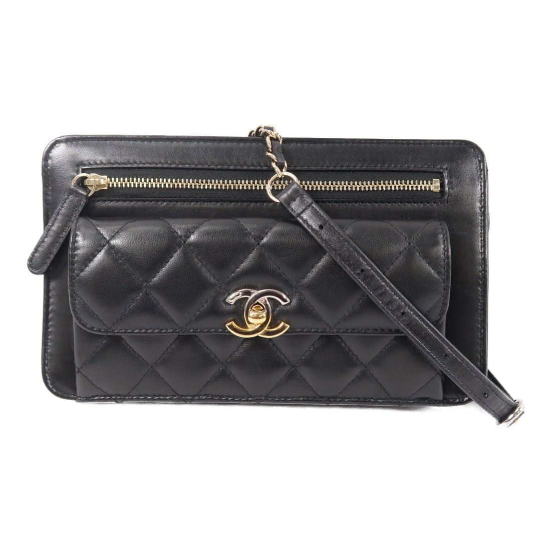 Black Calfskin Chain Shoulder Bag CHANEL CC: Black Calfskin Chain Shoulder Bag CHANEL CC CHANEL CC Chain Shoulder Bag in black calfskin (cowhide) leather. This shoulder bag features a chain shoulder strap and a CC design, with one outside open p