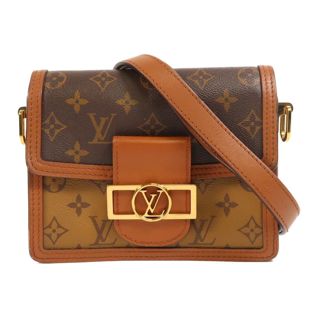 Louis Vuitton Mini Dauphine M44580 Shoulder Bag Monogram Reverse Brown: Louis Vuitton Mini Dauphine M44580 Shoulder Bag Monogram Reverse Brown A Louis Vuitton Mini Dauphine shoulder bag in Brown, featuring Monogram Reverse and PVC coated canvas construction. It includes a