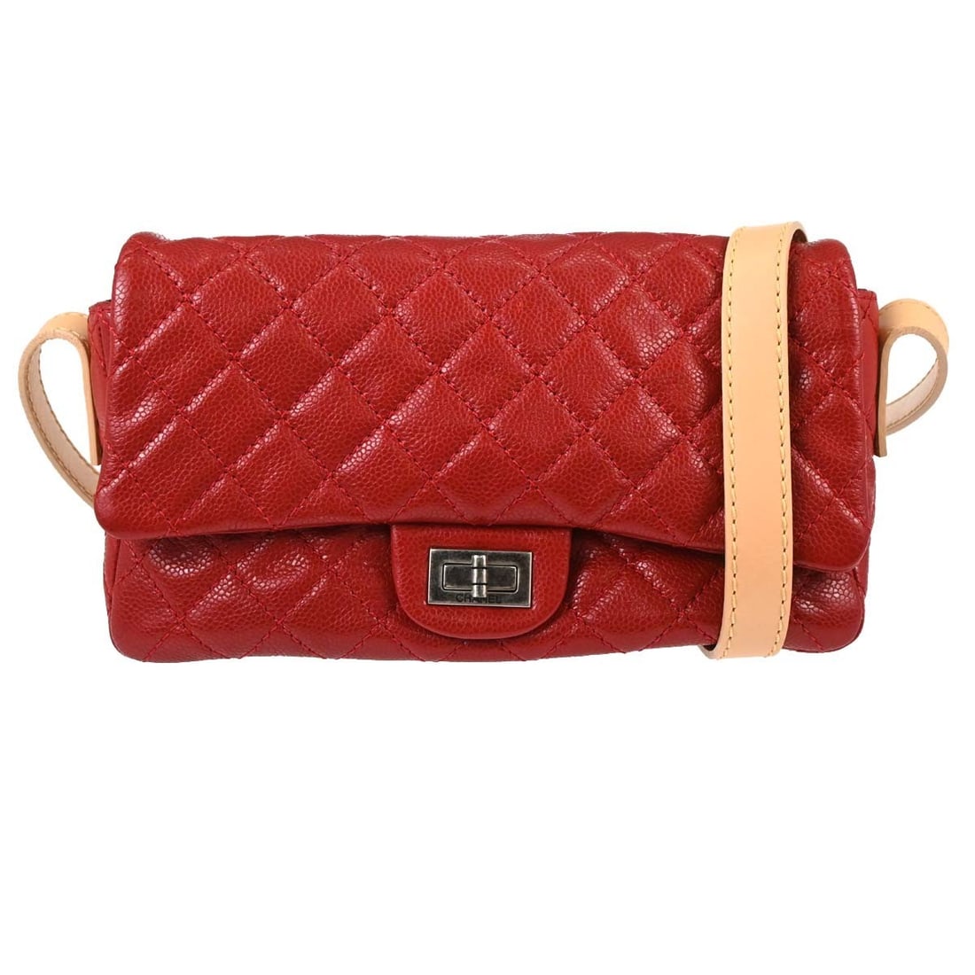 CHANEL 2.55 Reissue red calfskin crossbody shoulder bag: CHANEL 2.55 Reissue red calfskin crossbody shoulder bag Chanel 2.55 Reissue crossbody shoulder bag in red calfskin leather with a matelasse quilted design, turn-lock closure, and canvas lining. Made i