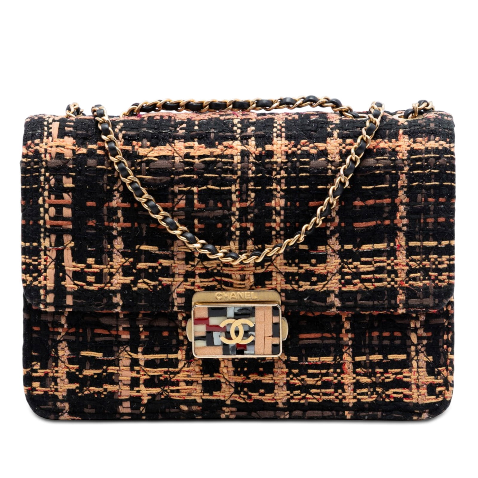 Chanel quilted tweed Beauty Lock flap bag medium: Chanel quilted tweed Beauty Lock flap bag medium This Chanel Medium Quilted Tweed Beauty Lock Flap bag features a quilted tweed exterior complemented by a leather-woven chain link strap. The design in