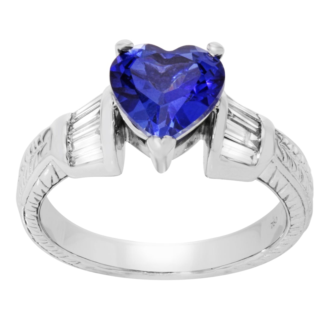 Rachel Koen 18K White Gold Heart Sapphire Ring with Diamonds 1.25 Ctw Size 6.5: Rachel Koen 18K White Gold Heart Sapphire Ring with Diamonds 1.25 Ctw Size 6.5 This exquisite ring is a stunning piece from Rachel Koen, expertly crafted in 18K white gold. It features a beautiful hea