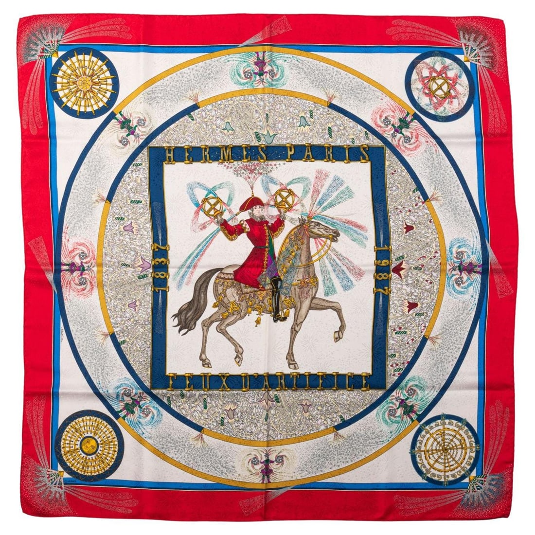 Hermes Feux d'artifice Silk Scarf Red White 35in Collectible France: Hermes Feux d'artifice Silk Scarf Red White 35in Collectible France Introducing the exquisite Hermes collectible "Feux d'artifice" silk scarf, showcasing a vibrant red and white color combination. Thi