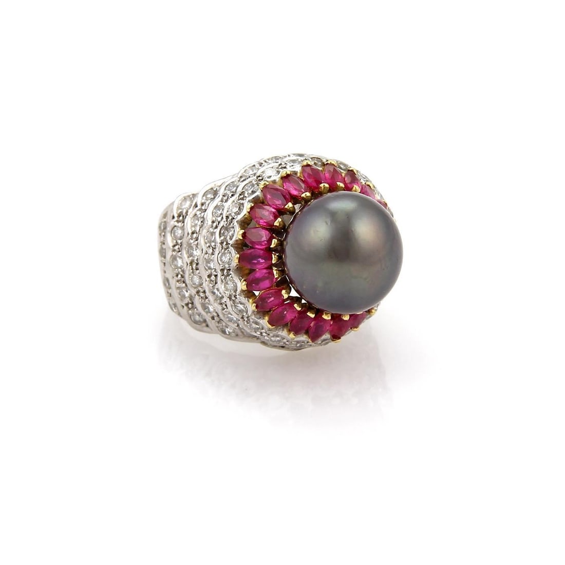 Arezzo 18k White Gold Diamond Ruby Cocktail Ring with Tahitian Pearl: Arezzo 18k White Gold Diamond Ruby Cocktail Ring with Tahitian Pearl This exquisite Arezzo cocktail ring showcases a stunning combination of luxurious materials. Crafted in platinum and adorned with a