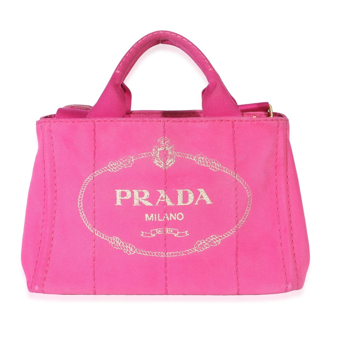 Prada Canapa Tote Small Pink Canvas Handbag: Prada Canapa Tote Small Pink Canvas Handbag Prada Canapa Tote in dark pink canvas with a white logo and open-top design. This small tote features a canvas-lined interior and gold-tone hardware. It is 