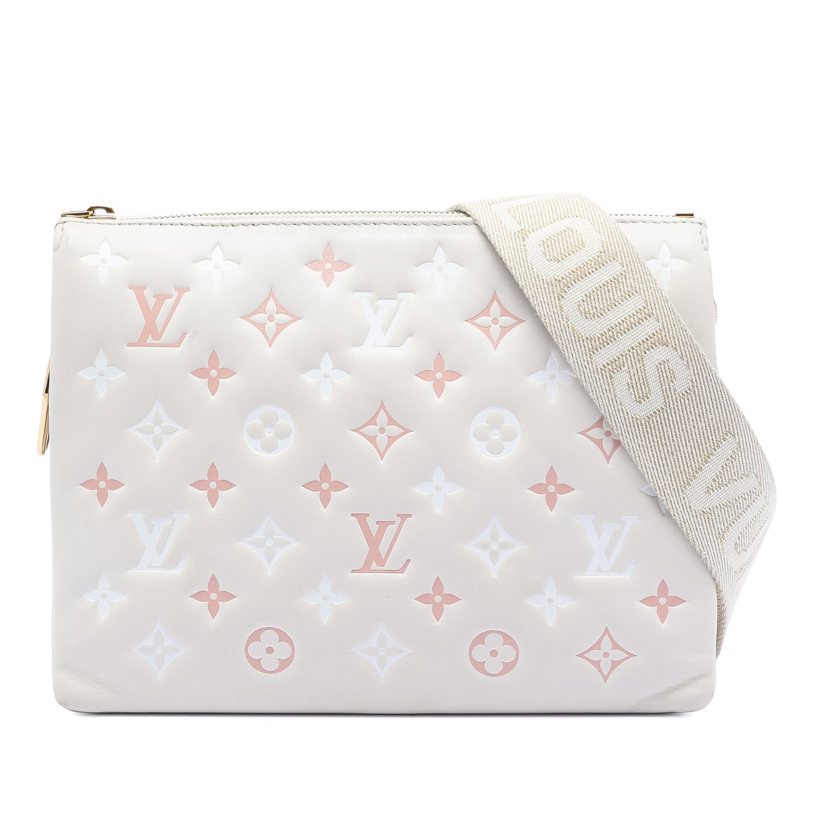 Louis Vuitton Coussin PM Monogram Lambskin Shoulder Bag with Tricolor Embossing: Louis Vuitton Coussin PM Monogram Lambskin Shoulder Bag with Tricolor Embossing The Louis Vuitton Tricolor Monogram Embossed Lambskin Coussin PM features an embossed leather body with a distinctive tr
