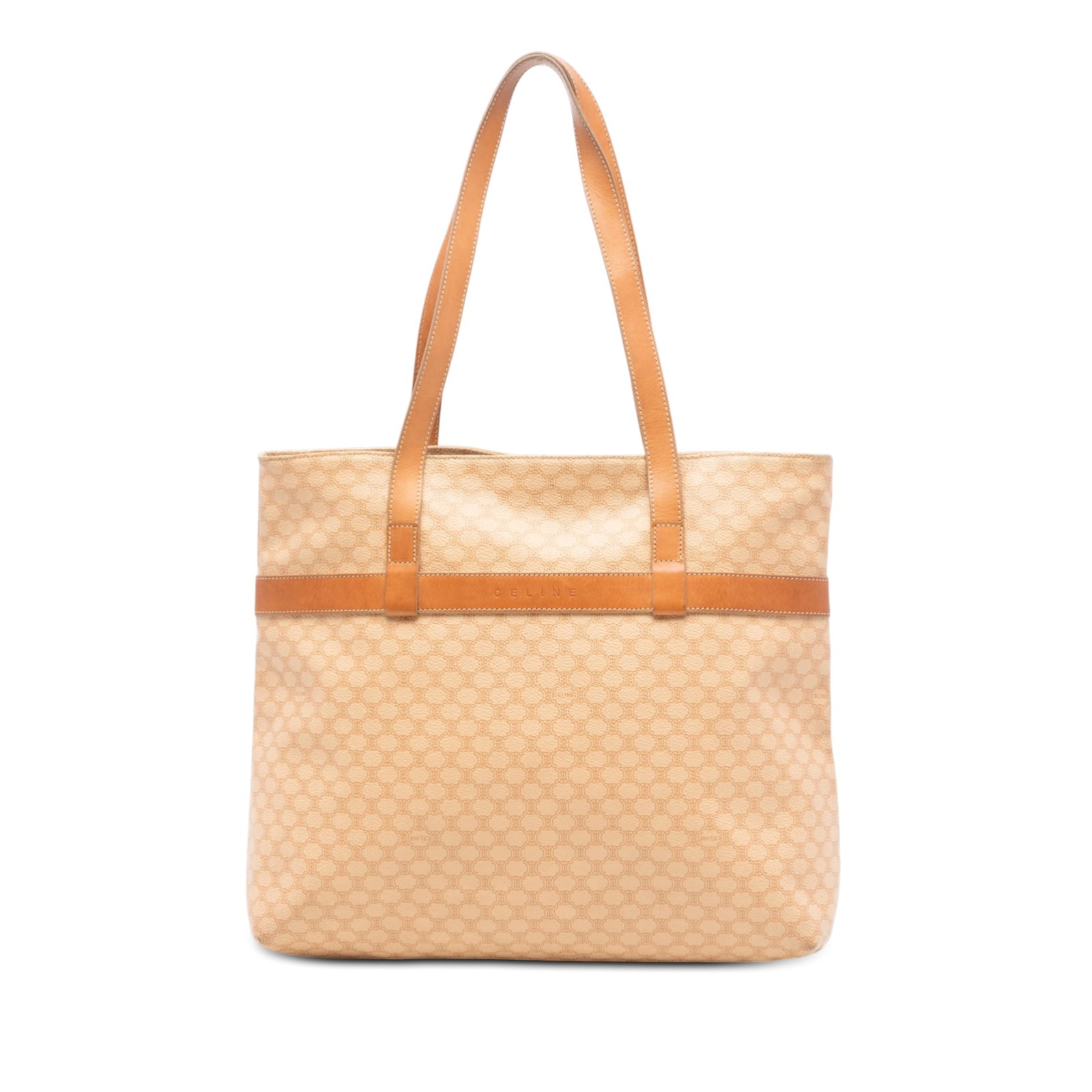 Celine Macadam beige coated canvas tote with leather trim: Celine Macadam beige coated canvas tote with leather trim This Celine Macadam Coated Canvas Tote features a durable coated canvas body with leather trim, flat leather straps, a secure top zip closure,