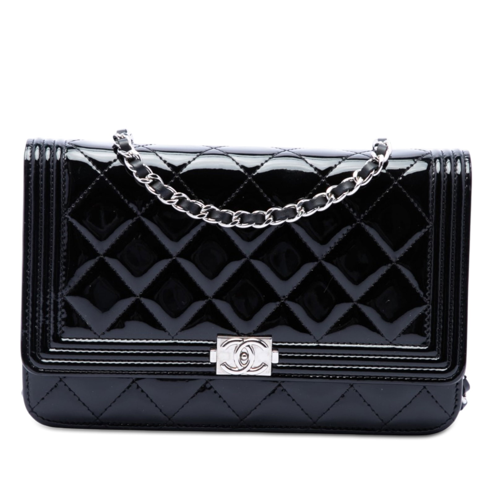 Chanel Boy Wallet on Chain in Black Quilted Patent Leather: Chanel Boy Wallet on Chain in Black Quilted Patent Leather Chanel Boy Wallet on Chain in black quilted patent leather. This shoulder bag features a leather-woven chain strap, a flap front with push-lo