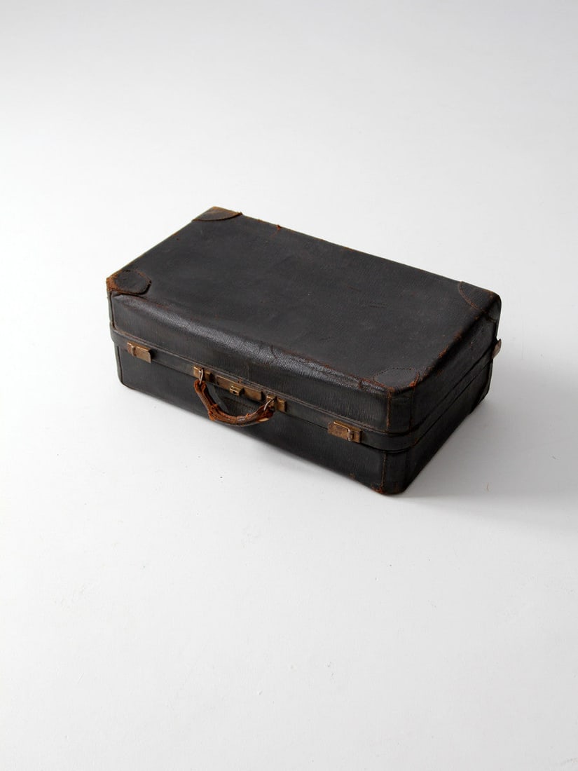 Vintage 1930s Black Leather Suitcase with Silver Tone Hardware (1 of 7)