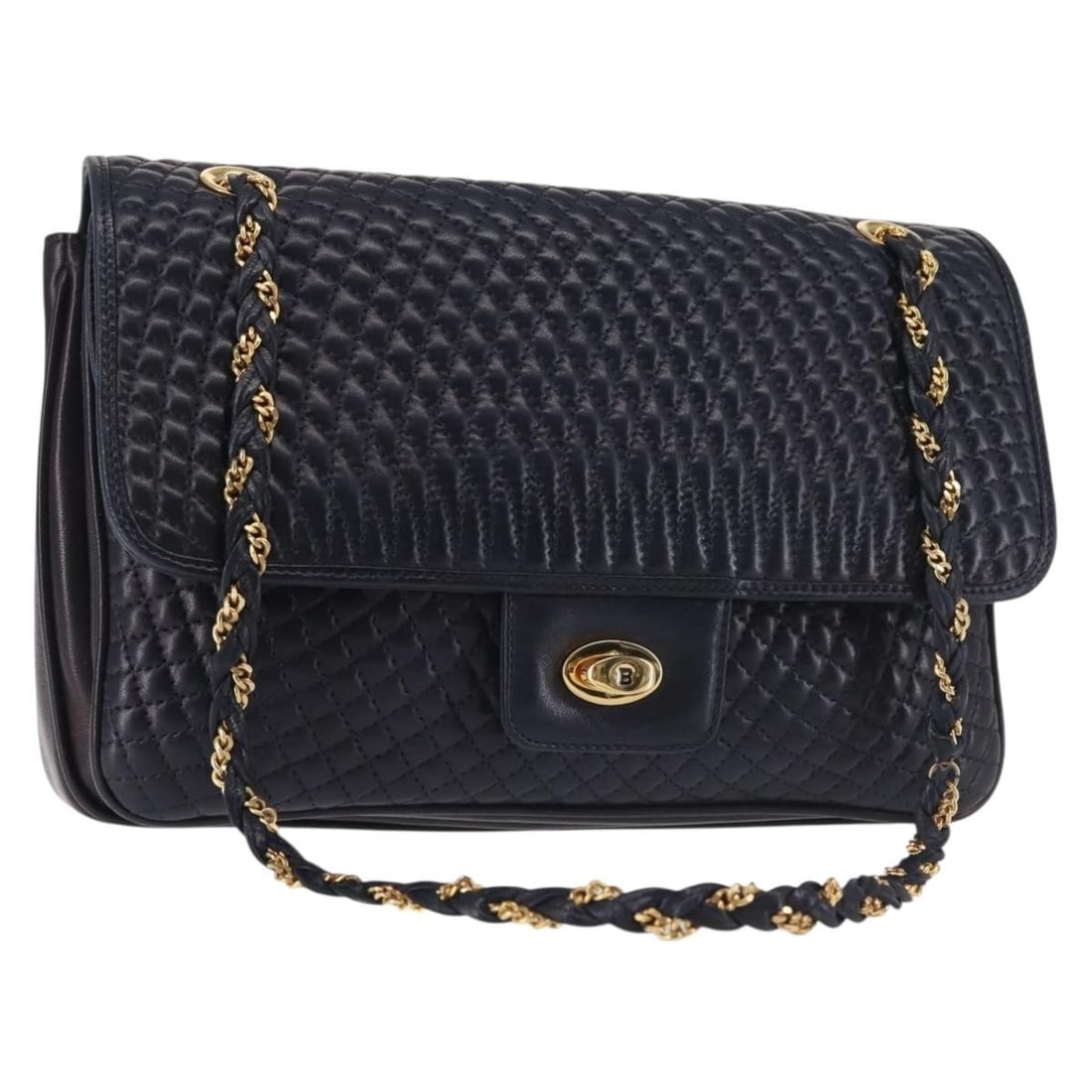 BALLY Navy Gold Leather Chain Shoulder Bag Auth 143089: BALLY Navy Gold Leather Chain Shoulder Bag Auth 143089 This authentic BALLY shoulder bag is a stylish accessory made from premium leather in a chic navy and gold color scheme. The bag features a pract