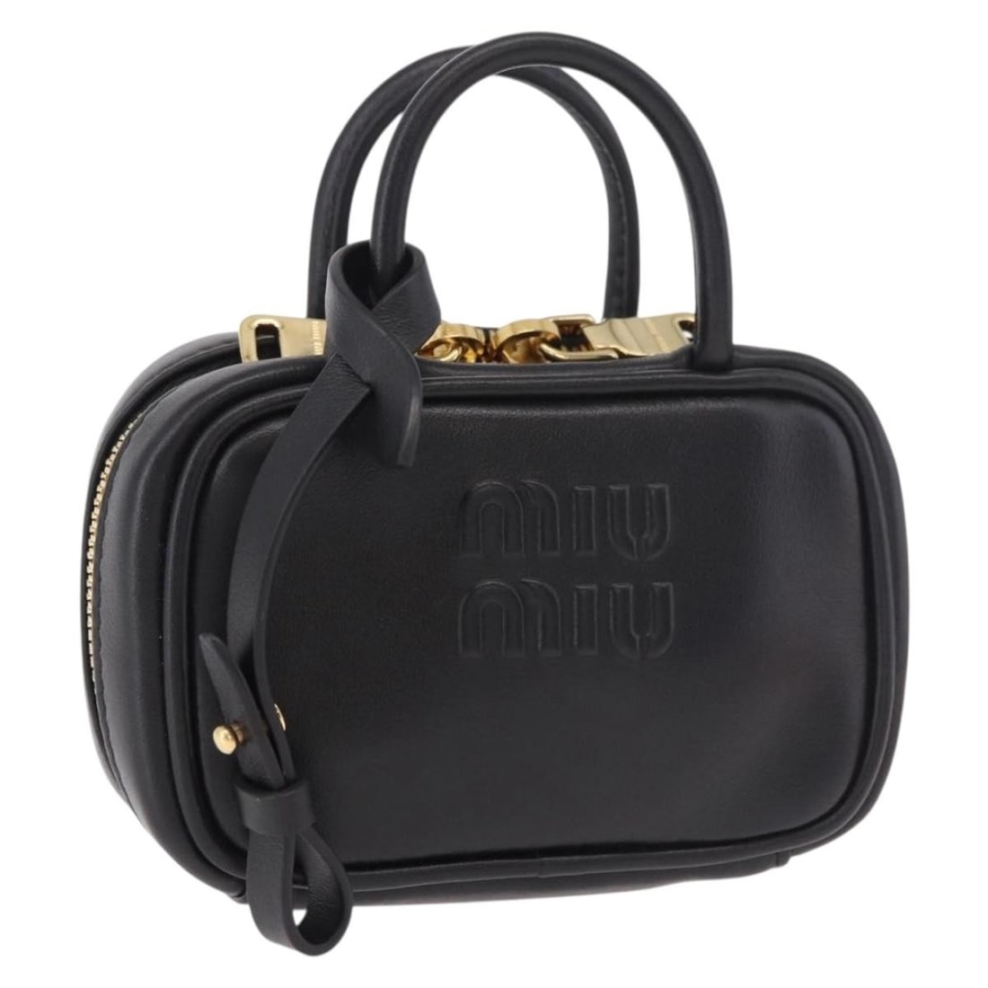 Miu Miu leather bag charm pouch black gold tone with dust bag: Miu Miu leather bag charm pouch black gold tone with dust bag This Miu Miu bag charm is crafted from leather in a black and gold colorway. It measures approximately 11 cm wide, 7 cm high, and 4 cm dee