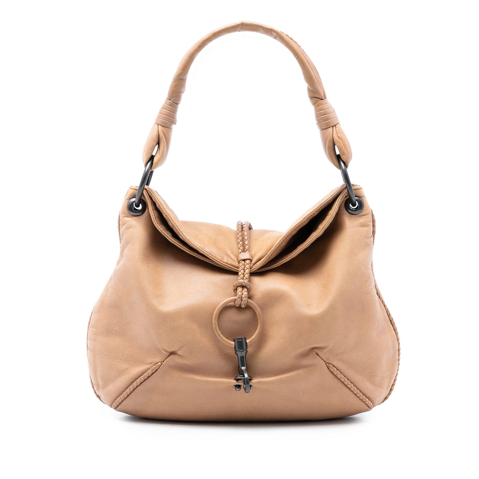 Bottega Veneta braided flap leather shoulder bag: Bottega Veneta braided flap leather shoulder bag This Bottega Veneta shoulder bag is crafted from brown leather and features a rolled leather handle, a distinctive front braided flap with hook closure