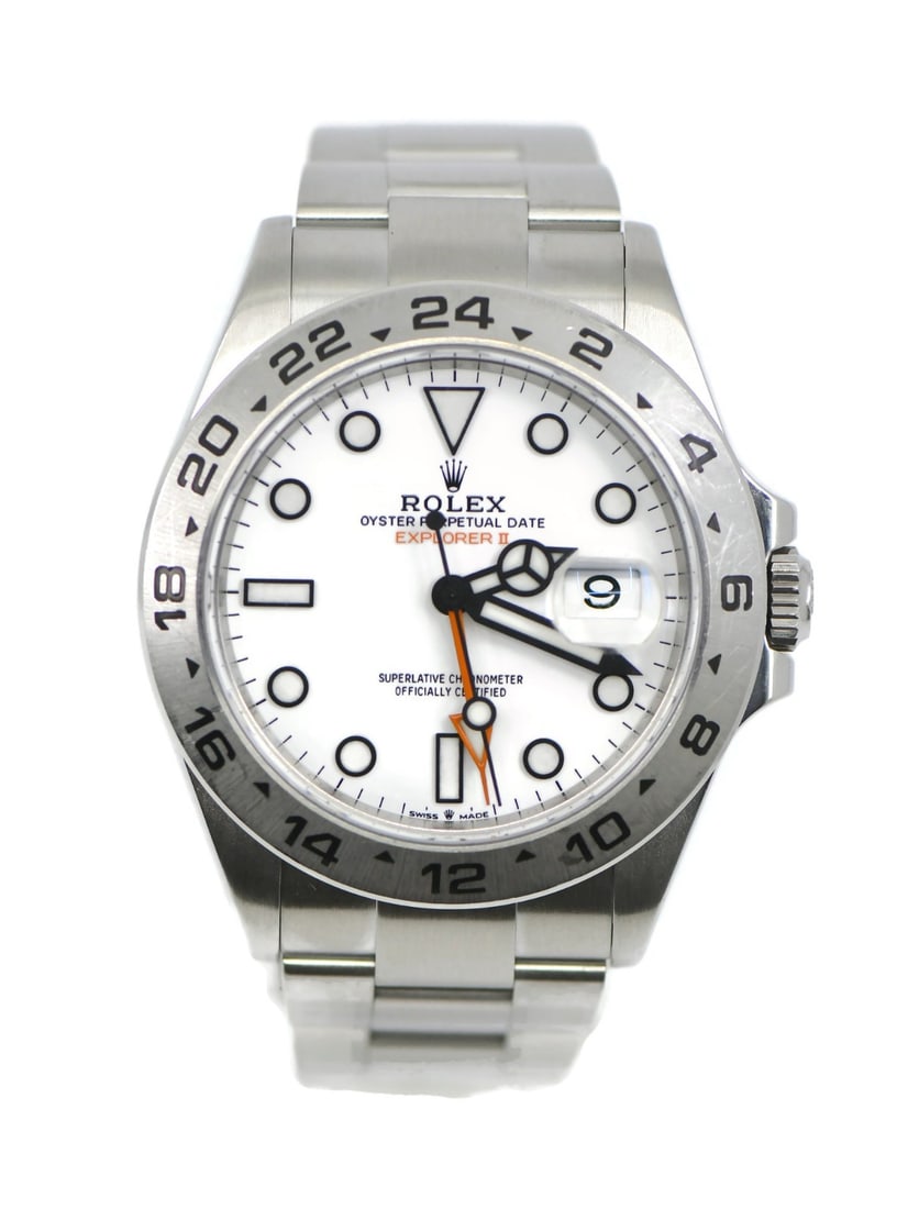 Rolex 226570 Explorer II 42mm stainless steel wristwatch: Rolex 226570 Explorer II 42mm stainless steel wristwatch Rolex Explorer II stainless steel wristwatch, reference 226570, with a round 42 mm case, silver bezel, white dial, and silver stainless steel b