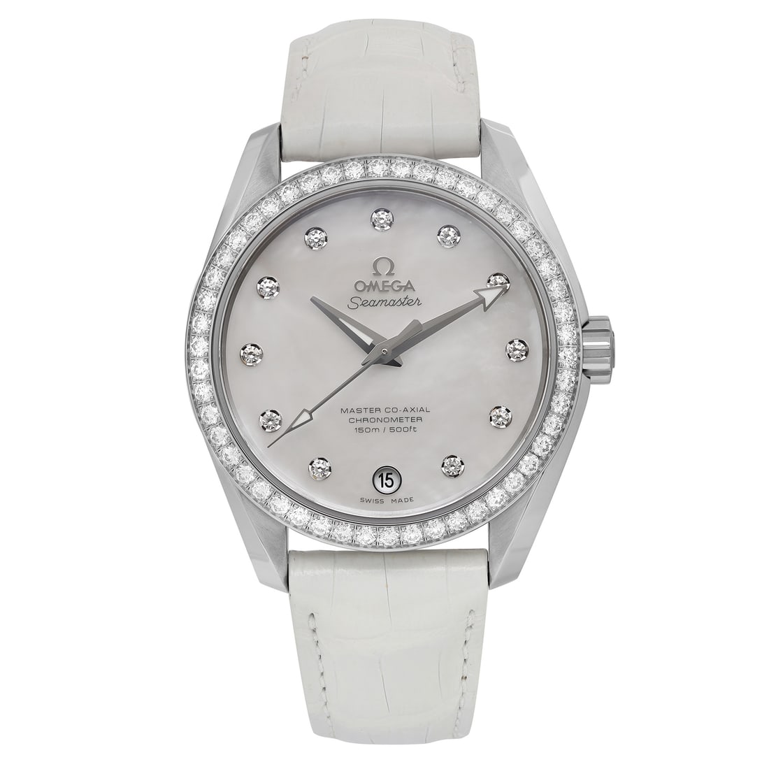 Luxury Omega Seamaster Aqua Terra Diamond MOP Automatic Watch 231.18.39.21.55.001: Luxury Omega Seamaster Aqua Terra Diamond MOP Automatic Watch 231.18.39.21.55.001 This Omega Seamaster Aqua Terra wristwatch features a white mother-of-pearl dial accented with factory-set diamond hou