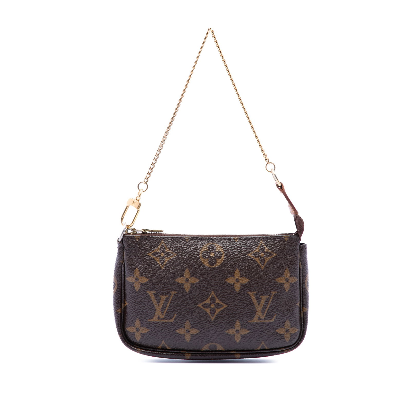 Louis Vuitton Monogram Mini Pochette Bag with Chain Strap: Louis Vuitton Monogram Mini Pochette Bag with Chain Strap Louis Vuitton Monogram Mini Pochette Accessoires bag featuring a monogram canvas body, a gold-tone chain strap, and a top zip closure. Made in