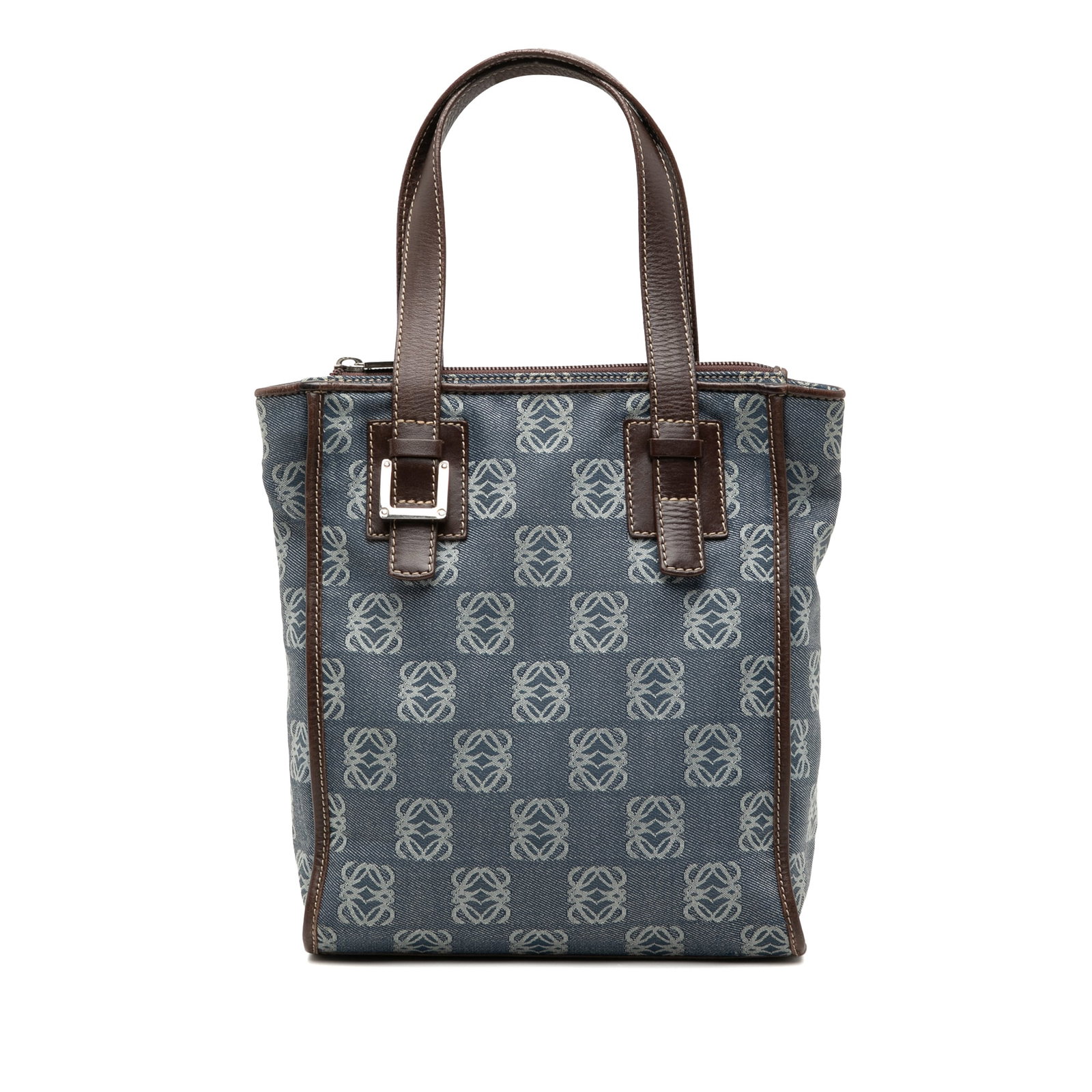 Loewe Blue Denim Tote Bag with Leather Trim and Anagram Design: Loewe Blue Denim Tote Bag with Leather Trim and Anagram Design This LOEWE Anagram Denim Tote features a blue denim body with leather trim and flat leather handles. It is designed with a top zip closur