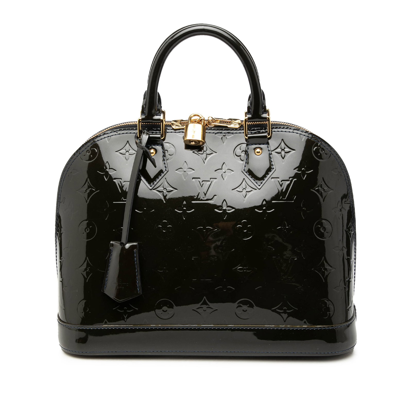 Louis Vuitton Alma PM Monogram Vernis Leather Handbag Blue: Louis Vuitton Alma PM Monogram Vernis Leather Handbag Blue Louis Vuitton Monogram Vernis Alma PM handbag in blue leather with a structured silhouette, rolled leather handles, top zip closure, clochett