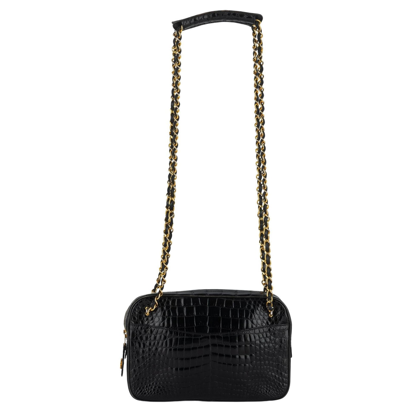 Chanel black crocodile shoulder bag with chain strap: Chanel black crocodile shoulder bag with chain strap Vintage Chanel black shiny crocodile shoulder bag with long chain straps, gold tone hardware, and a leather shoulder patch for comfortable wear. Fr