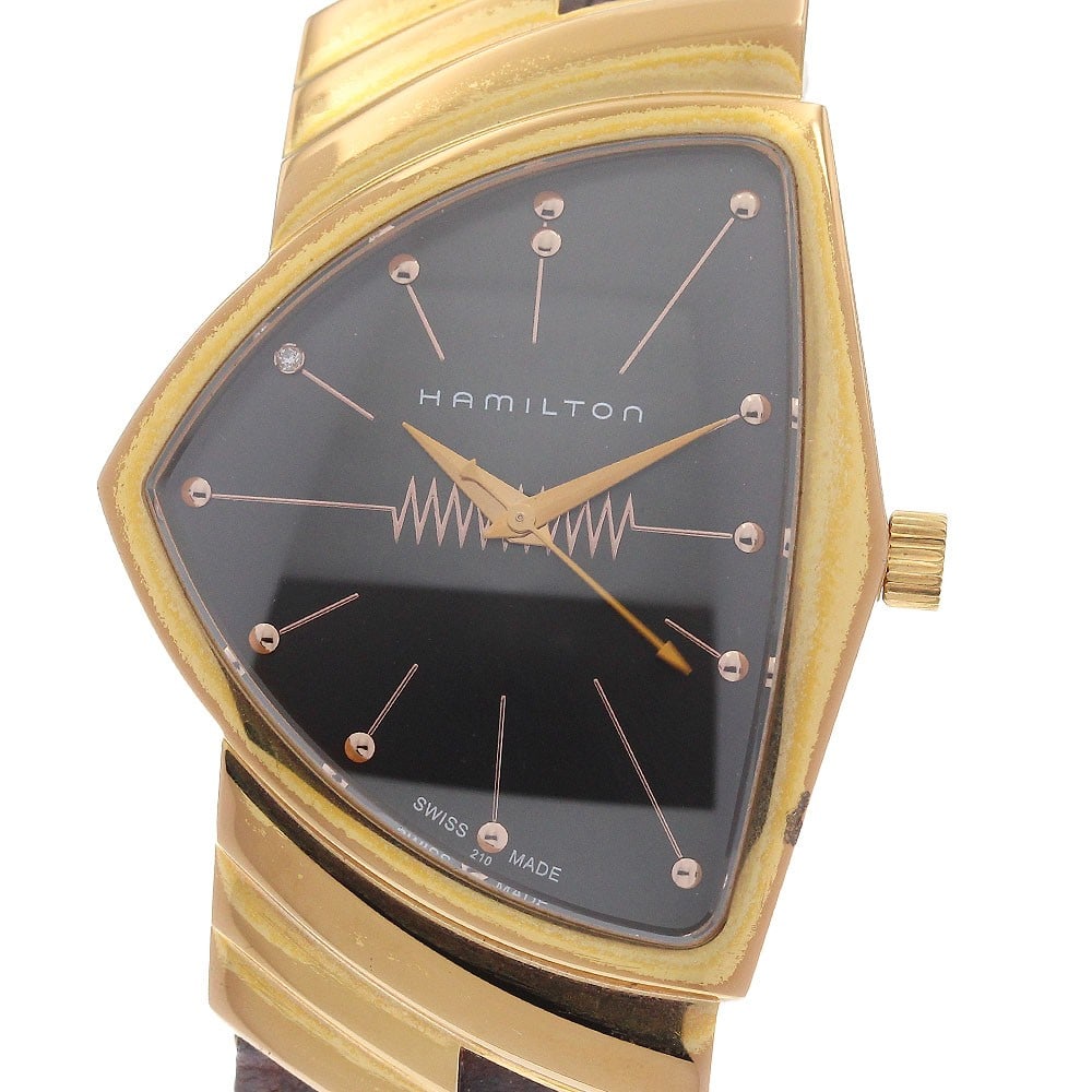 Hamilton Ventura H244410 Quartz Men's Wristwatch Black Dial: Hamilton Ventura H244410 Quartz Men's Wristwatch Black Dial This pre-owned Hamilton Ventura H244410 is a men's wristwatch featuring a stainless steel and gold-plated case paired with a black leather s