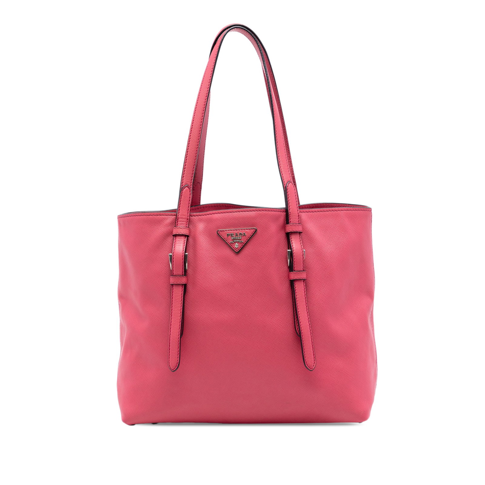 Prada Saffiano leather pink tote with magnetic snap closure: Prada Saffiano leather pink tote with magnetic snap closure This Prada Saffiano Soft Shopping Tote features a pink saffiano leather body with flat leather straps and an open top secured by a magnetic 