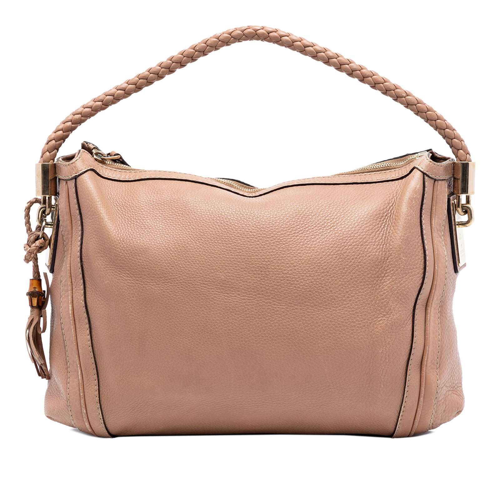 Gucci Bella brown leather shoulder bag medium pebbled calfskin: Gucci Bella brown leather shoulder bag medium pebbled calfskin This Gucci Medium Pebbled Calfskin Bella Shoulder Bag features a brown leather body with a braided leather strap, a top zip closure, and 
