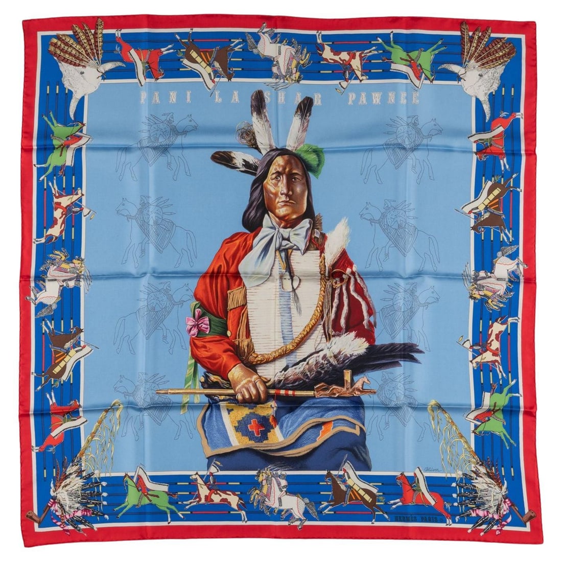 Hermes Pani La Shar Pawnee Blue Scarf 35 in: Hermes Pani La Shar Pawnee Blue Scarf 35 in Hermes "Pani La Shar Pawnee" scarf in blue with hand-rolled edges. The design by Kermit Oliver depicts the Pawnee chief and references the Native American t