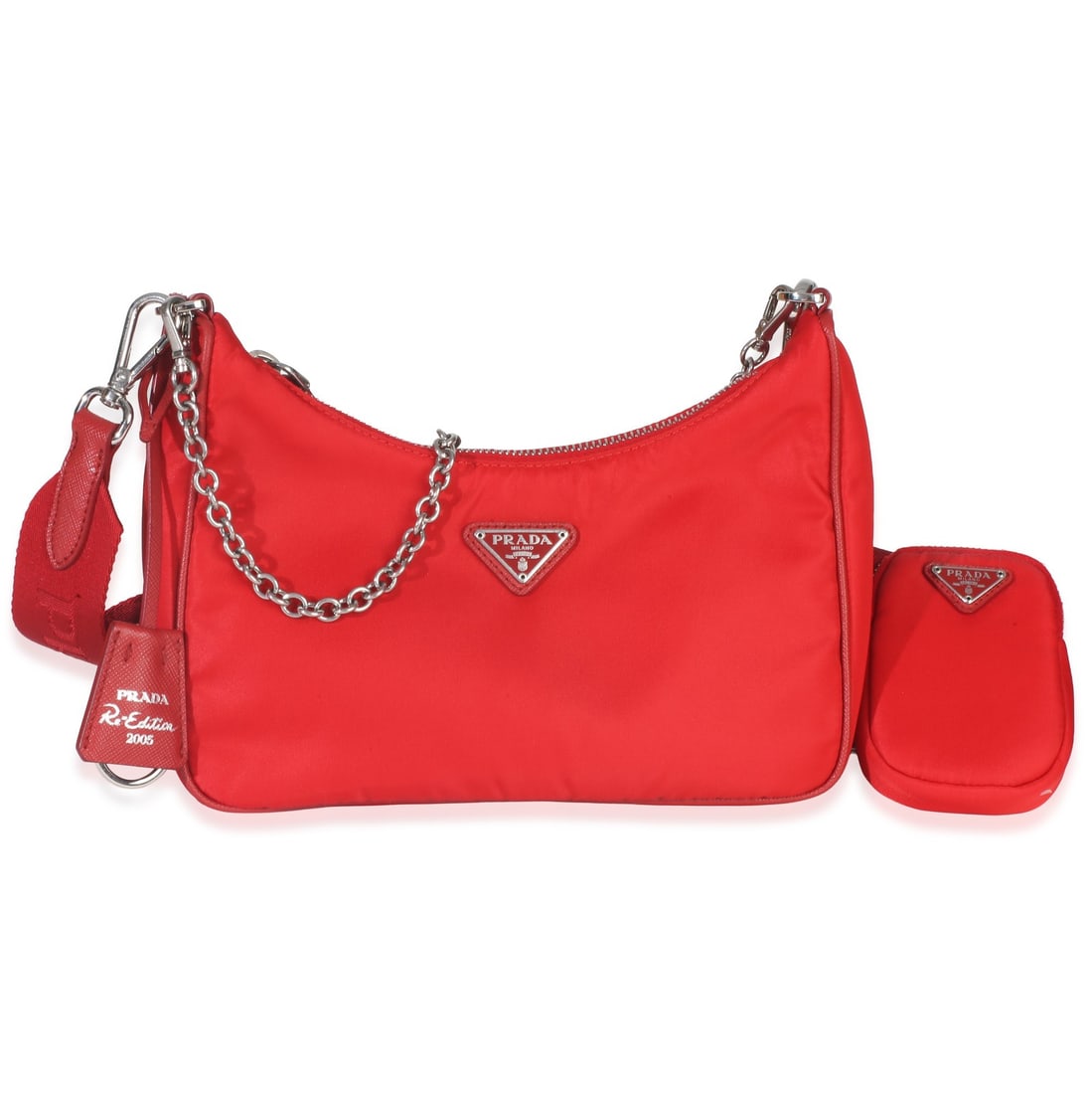 Prada Red Nylon Re Edition 2005 Crossbody Shoulder Bag with Pochette: Prada Red Nylon Re Edition 2005 Crossbody Shoulder Bag with Pochette This Prada Red Re-Nylon Re-Edition 2005 bag features a compact and stylish design crafted from durable red nylon with silver-tone h
