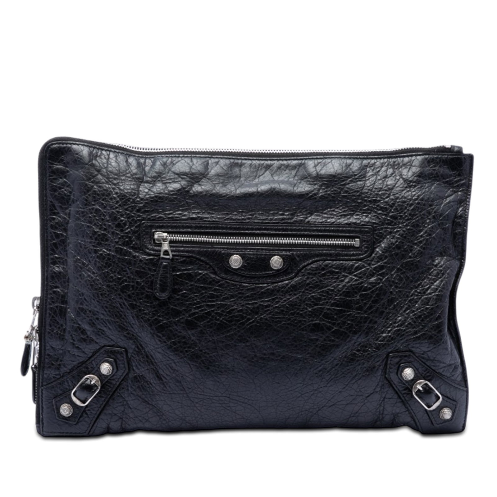Balenciaga Giant 12 Motocross lambskin flat clutch bag: Balenciaga Giant 12 Motocross lambskin flat clutch bag Balenciaga Lambskin Motocross Giant 12 Zip Around Flat Clutch in black lambskin leather with stud detailing. This clutch features a top zip closu