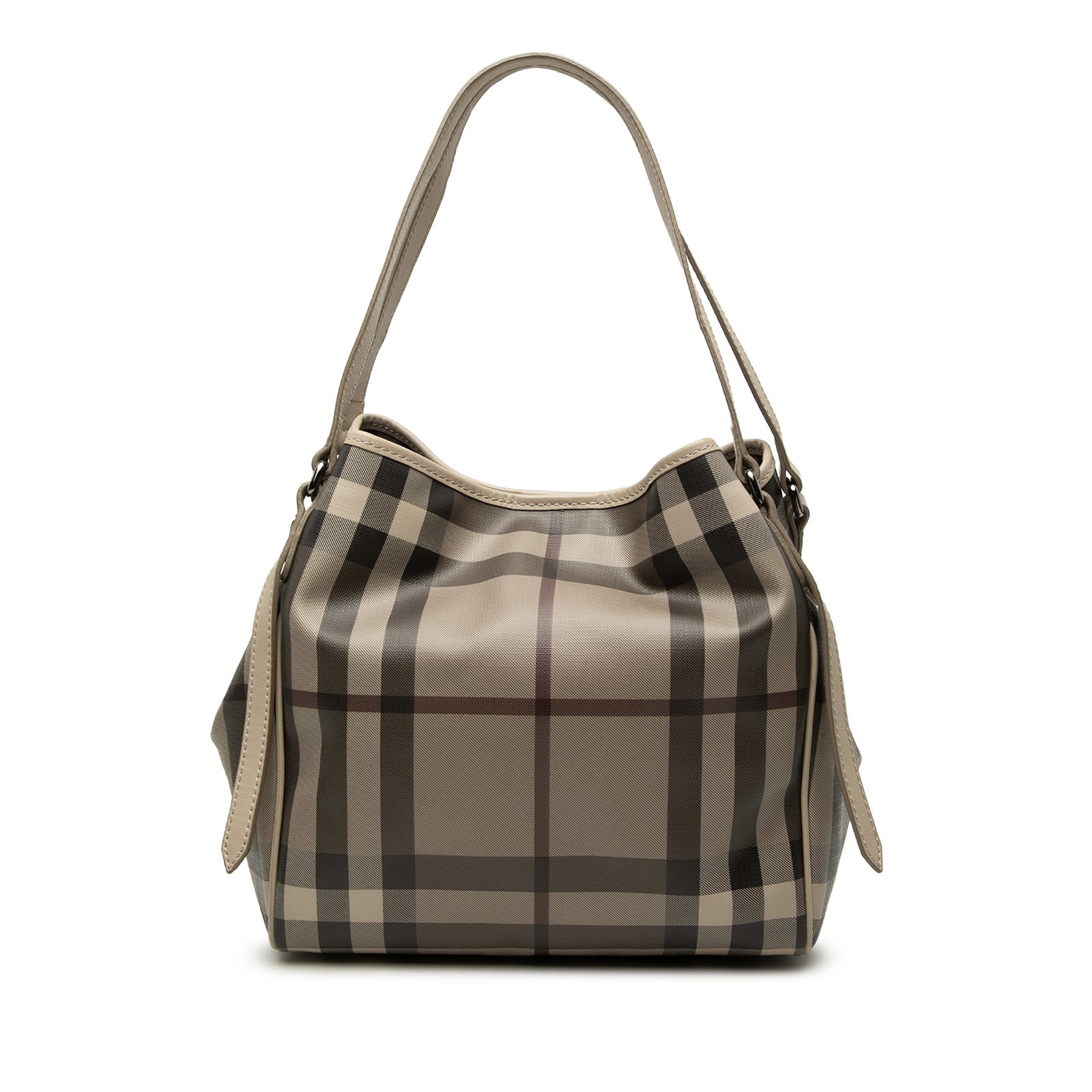 Burberry Canterbury Small Smoke Check Canvas Tote with Pouch: Burberry Canterbury Small Smoke Check Canvas Tote with Pouch This Burberry Canterbury tote is crafted with a gray coated canvas body and leather trim. It features flat leather straps, an open top with