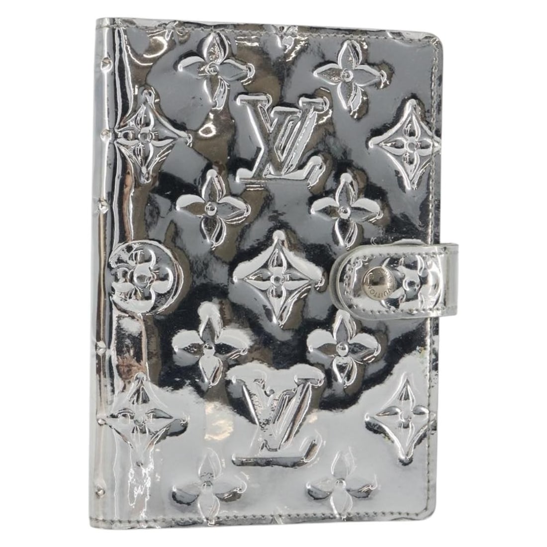 Louis Vuitton R20963 Monogram Miroir PM planner cover silver: Louis Vuitton R20963 Monogram Miroir PM planner cover silver This is a Louis Vuitton Monogram Miroir agenda PM planner cover in silver, with an enamel and Monogram Miroir canvas exterior. It is a day 