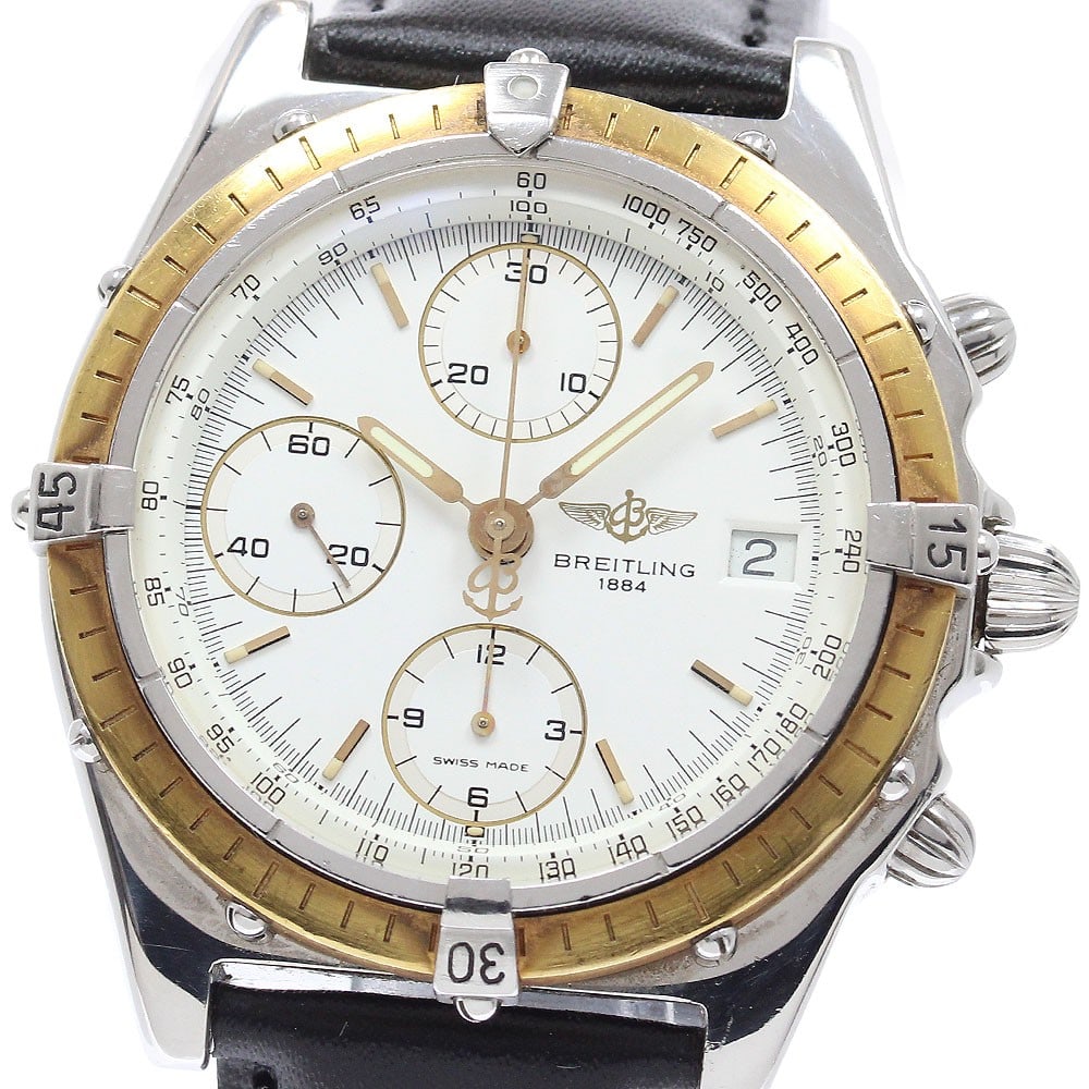 Breitling Chronomat 81.950 mens chronograph watch steel gold bezel: Breitling Chronomat 81.950 mens chronograph watch steel gold bezel Breitling Chronomat men's wristwatch, reference 81.950, made in Switzerland. It features a stainless steel and yellow gold case, whit
