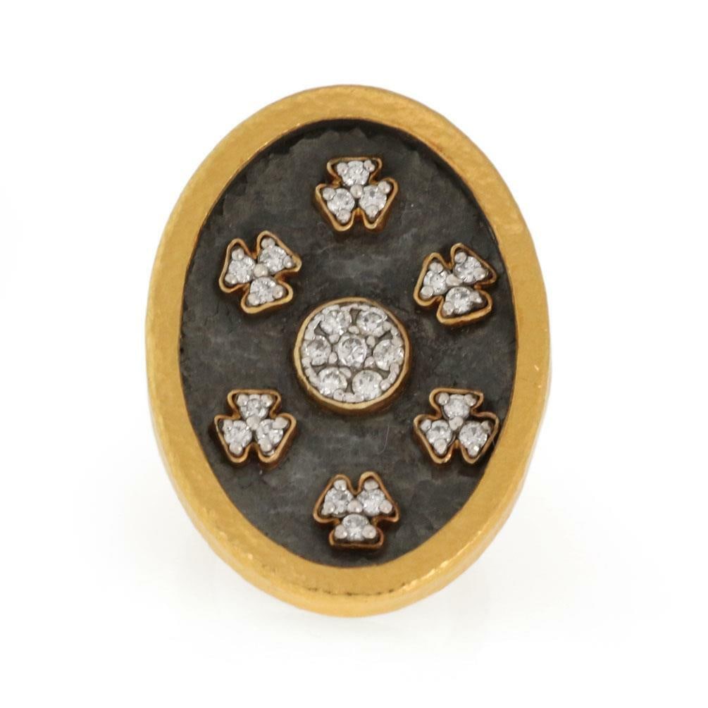 Gurhan 24k Gold Diamond Floral Ring Oval Size 5.75: Gurhan 24k Gold Diamond Floral Ring Oval Size 5.75 This stunning ring from Gurhan is crafted from luxurious 24k yellow gold featuring a unique hammered finish. The large oval top showcases a darkened 